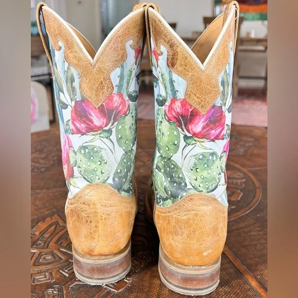 Tin Haul Tan Leather Cowboy Boots with bright floral pattern - Picture 9 of 12